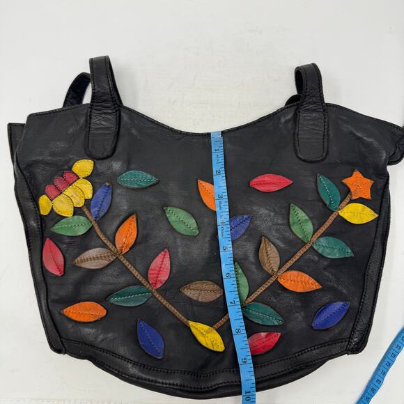 Belleza Mandova Black Leather Shoulder Bag Multicolor Leaf Appliqué - Picture 5 of 10